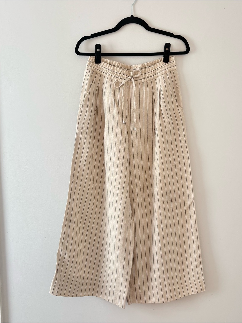 Lafayette 148 New York Linen Pinstripe Pants Drawstring Elastic Waist Wide Leg